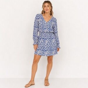 Rails‎ Zana Dress Womens Small Cobalt Static Leopard Smocked Waist Mini Blue
